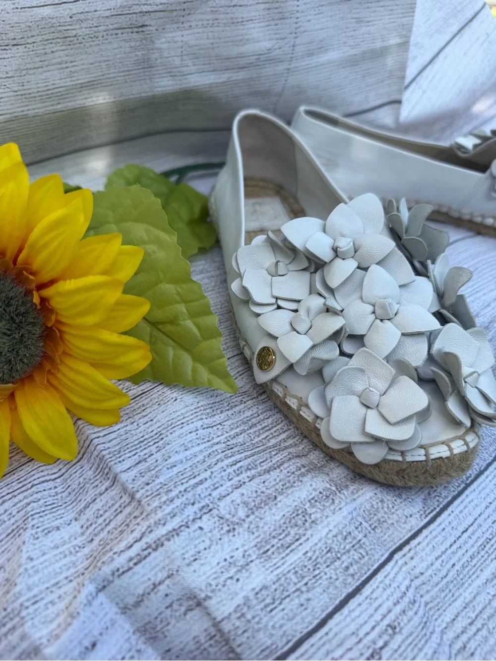 Tory Burch White Leather Floral Espadrille Flats